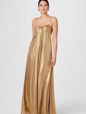 Toccin Liza Cascade Metallic Gold Spaghetti-Strap Maxi Dress
